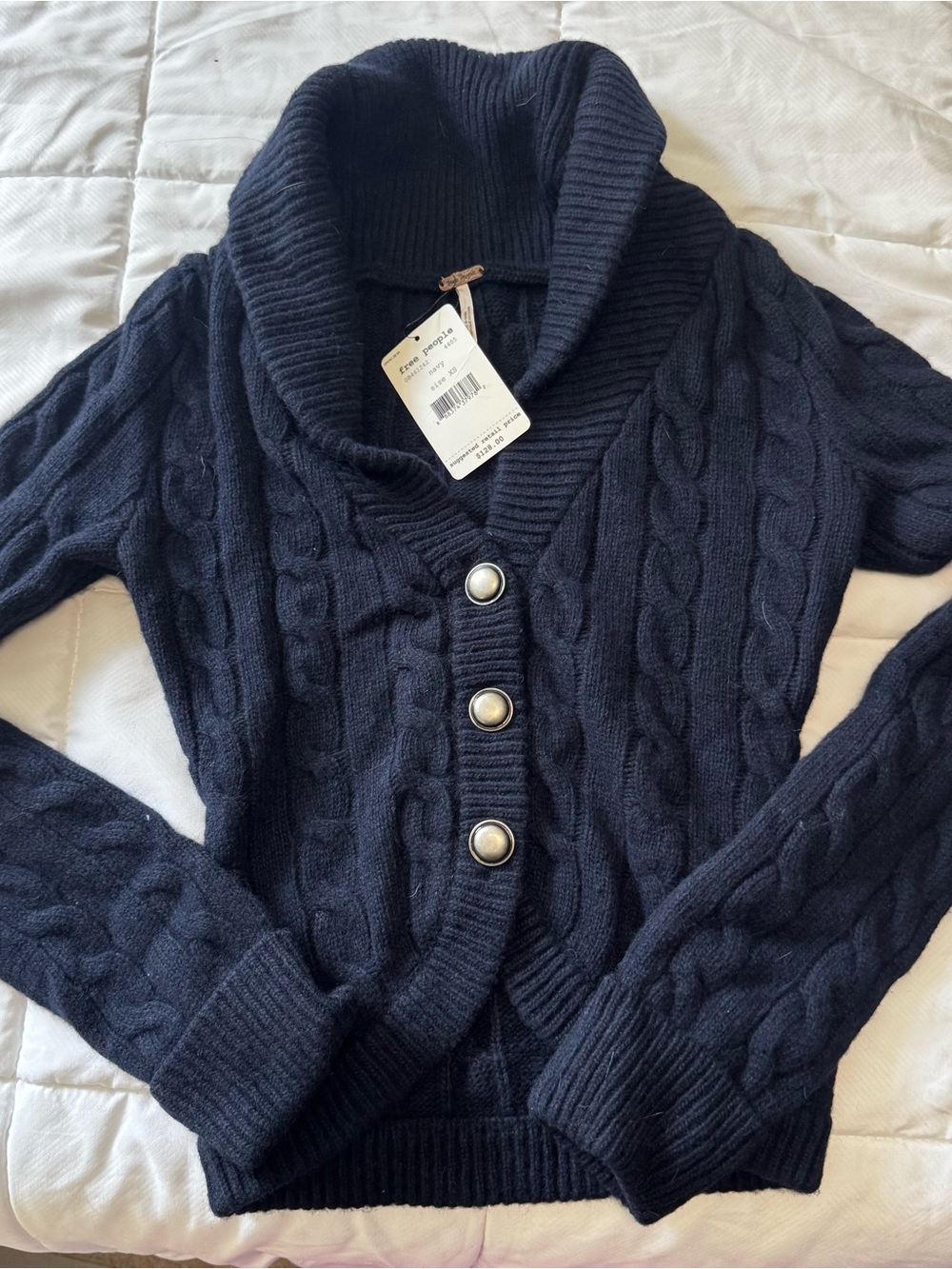 Free People Navy Cable-Knit Shawl Collar Cardigan